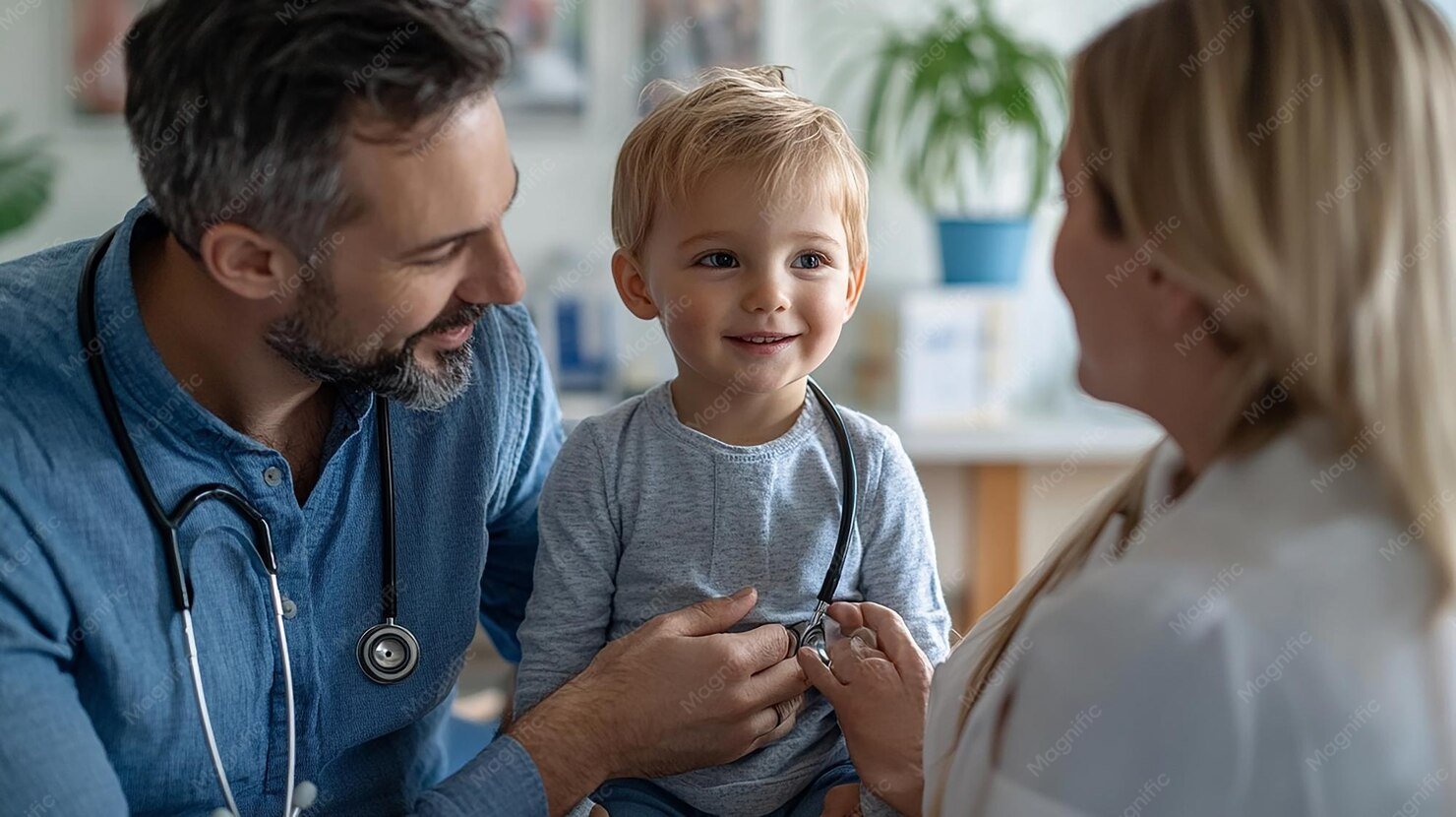 Pediatric healthcare professional with child